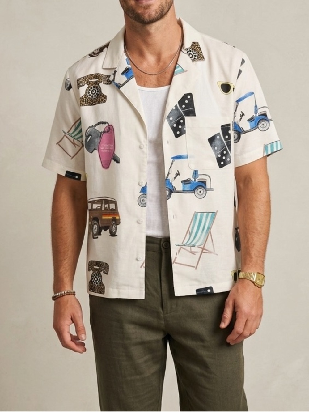 Duvin Men's Cream Linen Short-Sleeve Printed Camp Shirt Medium